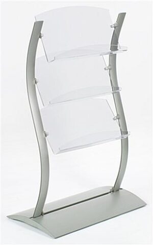 3-Tiered Literature Floor Stand, 4"/8.5"w, 6/9 Pockets, Curved - Silver