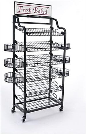 47"w Bakery Display Rack w/ Wheels, 6 Shelves, 6 Side Baskets & Header - Black