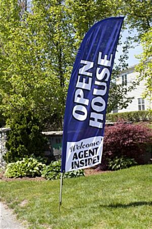 8' Real Estate Feather Flag w/ Ground Spike, OPEN HOUSE Message - Blue
