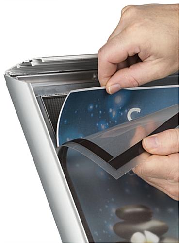 8.5 x 11 Outdoor Menu Floor Stand, Locking Snap Open Frame, Curved Post - Silver - Image 4