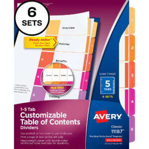 Avery Ready Index Durable Table of Contents Divider, Multi-Color, 5 Tab Set, 6 Sets
