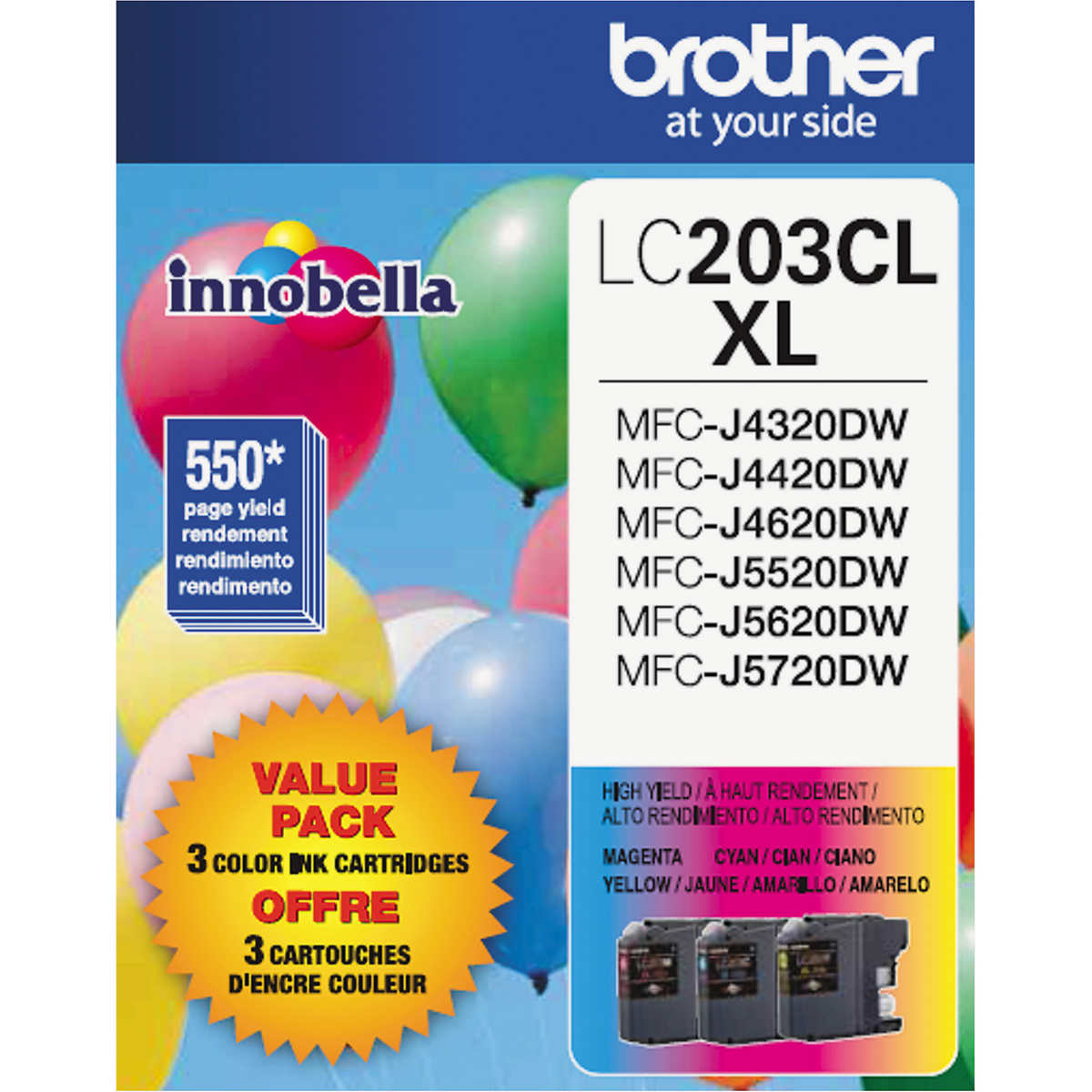 Brother LC2033PKS Ink Cartridge, High Yield, Cyan/Magenta/Yellow, 3 pk