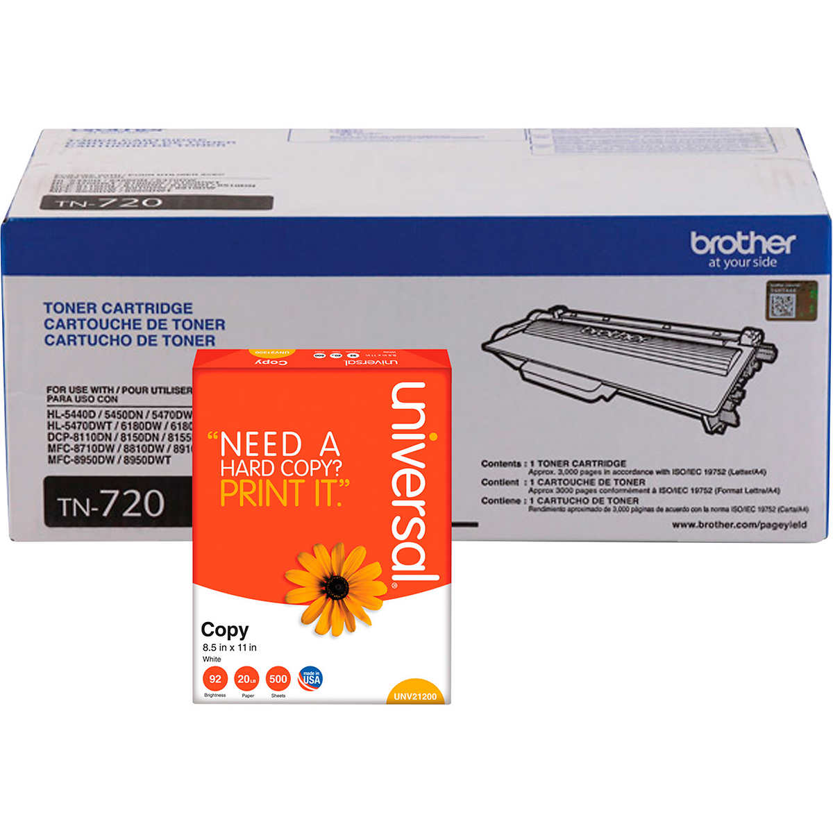 Brother TN720 Toner Cartridge, Standard Yield, Black, 2 pk with Bonus Ream of Paper