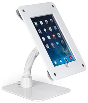 iPad Counter Stand, Acrylic Enclosure, Gooseneck Arm - White