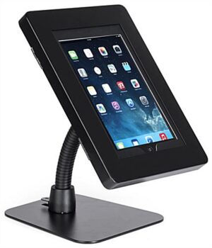 iPad Tablet Counter Stand, Steel Enclosure, Gooseneck Arm - Black