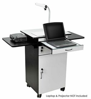Media Cart with Locking Cabinet, Pull-Out Keyboard Tray, Locking Wheels - Black, Gray