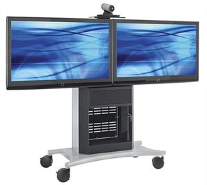 TV Cart with Mounts for 2 Monitors up to 70", Storage Cabinet, Camera Shelf - Black