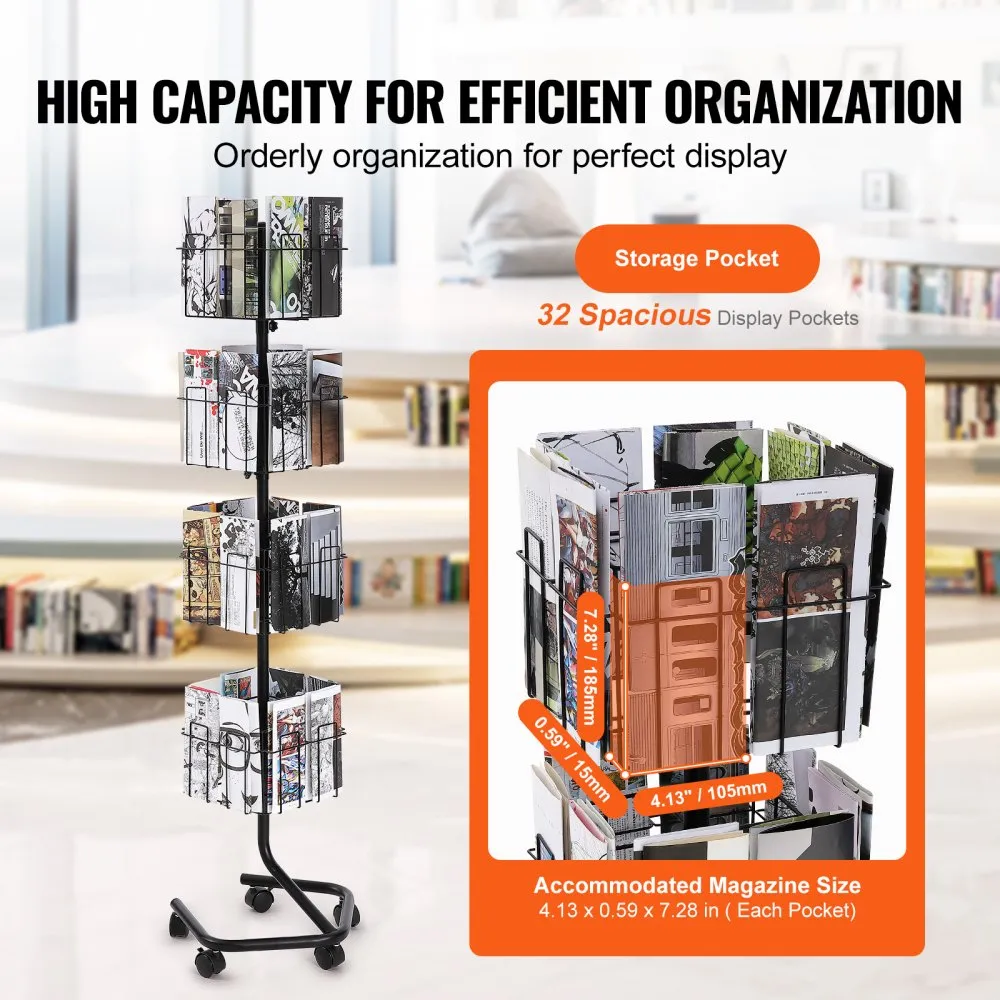 Brochure Display Rack, 4-Tier 32 Pockets Rotating Magazine Literature Display Stand for Postcards, 360° Spinning Greeting Cards Rack with 5 Wheels (2 Lockable) for Shop Exhibitions Office - Image 2