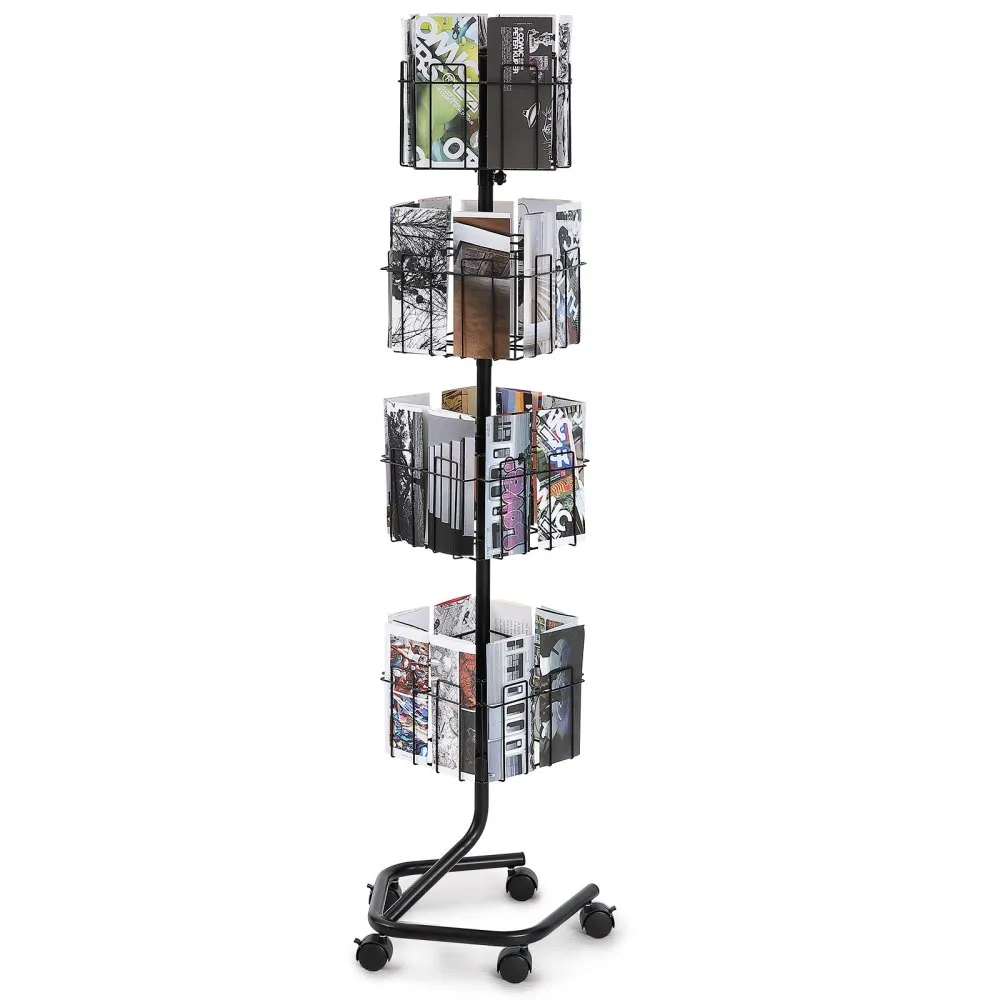 Brochure Display Rack, 4-Tier 32 Pockets Rotating Magazine Literature Display Stand for Postcards, 360° Spinning Greeting Cards Rack with 5 Wheels (2 Lockable) for Shop Exhibitions Office