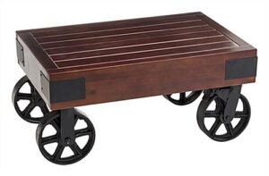 Wooden Retail Table with Wagon Wheels, 2 Locking – Mahogany
