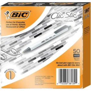 BIC Clic Stic Retractable Ballpoint Pen, Medium Point 1.0mm, Black Ink, 50 ct