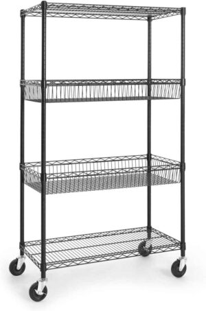 NSF Commercial Heavy Duty 4 Tier Wire Shelving w/Two Rectangle Baskets, Wheels, Leveling Feet, Storage Metal Shelf,