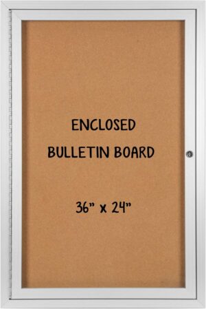24 X 36 Enclosed Cork Board with Locking Door - Silver Weatherproof, Wall Display Case with Swing-Open Door