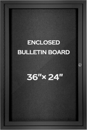 24 X 36 Enclosed Bulletin Board with Locking Door - Black Weatherproof, Lockable Fabric Noticeboard with Aluminum Frame, Wall Display Case with Swing-Open Door