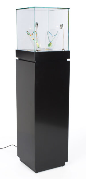 16" Pedestal Display Case w/ Cabinet Base, Locking Drawer, LED Spotlights - Black