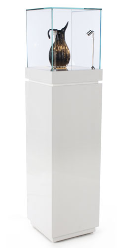 16" Pedestal Display Case w/ Cabinet Base, Locking Drawer, LED Spotlights - White