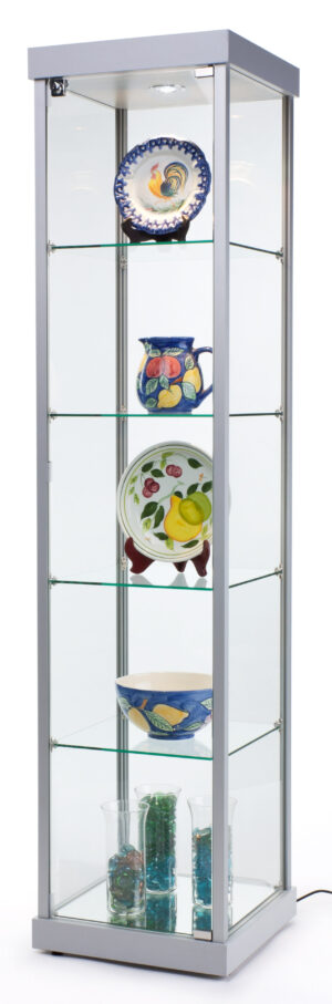18" Glass Display Case w/4 Shelves, Locking Hinged Door, LED Top Lights - Silver