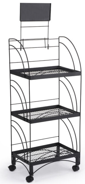 20"w Metal Shelving Display w/ Wheels, 3 Shelves & Header - Black