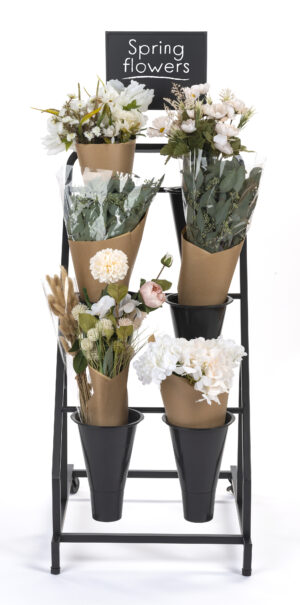 20"w Rolling Flower Display Rack w/ Powder-Coated Frame, Six Plastic Buckets - Black