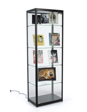 23.5" Glass Display Case, Adjustable Shelves, Locking, Ships Unassembled - Black