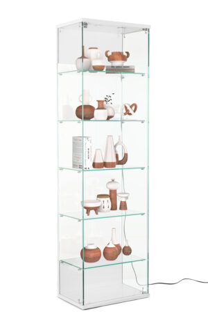 24" Display Case w/ LED Lighting, 5 Fixed Shelves, Frameless, Tempered Glass - White