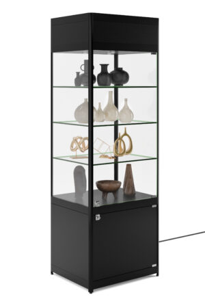 24" Display Case w/LED Lighting, Adjustable Shelves, Locking Hinged Door - Black