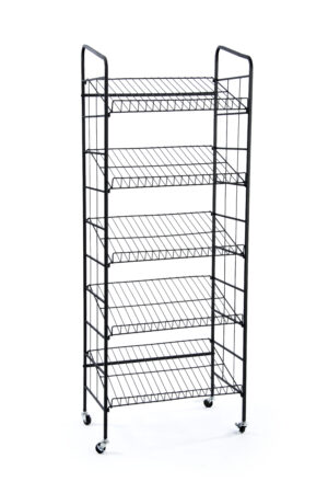 24"w Bakery Display Rack w/ Wheels, 5 Wire Gravity Shelves, Mild Steel - Black