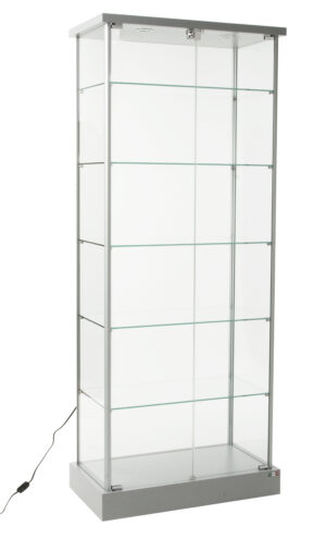 29" Glass Display Case w/ 5 Shelves, Top Lights, Wheels, Hinged Door - Silver