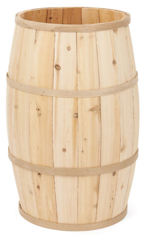 30 Inch Tall Wooden Barrel Dump Bin, False Bottom – Natural or Brown