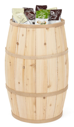 30 Inch Tall Wooden Barrel Dump Bin, False Bottom – Natural or Brown