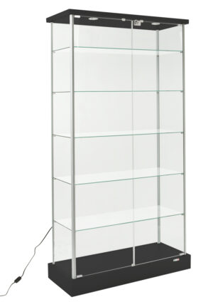 37" Glass Display Case w/5 Shelves, 2 Top Lights, Hidden Wheels & Hinged Door - Black