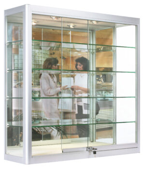 3x3 Wall Mounted Display Case w/Mirror Back & 2 Top LED Lights, Locking - Silver