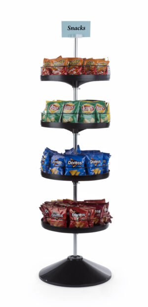 4 Tier Display Rack w/ Rotating Trays, Floorstanding, Top Sign Clip - Black