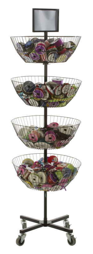 4-Tiered Round Wire Dump Bin, Rotating Baskets, Header, Optional Wheels - Black