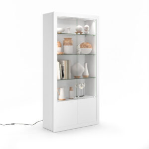 41" White Display Cabinet with Glass Doors, LED Lighting, Locking Doors - White