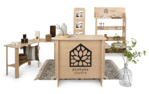 44 x 67.5 Multi-Tier Shelving Display, Custom Printed, Collapsible Design - Natural