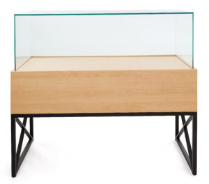 45" Glass Display Case with Locking Drawers, Frameless, Ships Assembled - Wood Grain