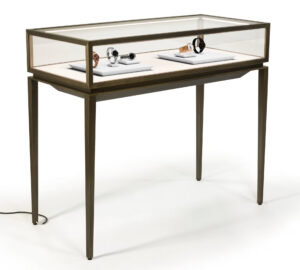 47"w Locking Display Table w/ Rear Drawer, Stainless Steel Frame, LED Lights - Bronze