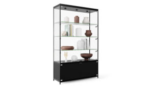 48” Display Case w/ 9 LED Top & Side Lights, 3 Fixed Shelves, Hinged Doors - Black