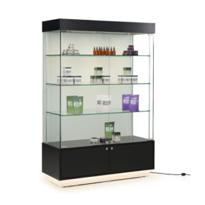 48" Glass Display Case w/ Top Lights, Color-Changing Base, Adjustable Shelves - Black