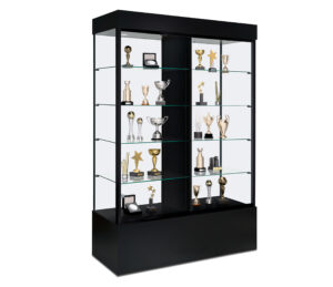 48" Glass Display Case with Lights and Split Adjustable Shelves - Black