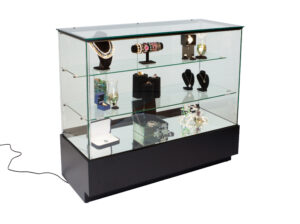 4ft. Glass Retail Counter w/ Mirror Deck, LED, Slider Doors, Ships Assembled, Black