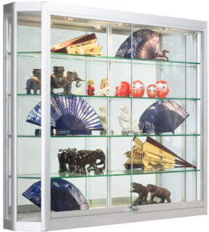 4x3 LED Wall Mounted Display Case w/Angled Front, Sliding Doors, Locking - Silver