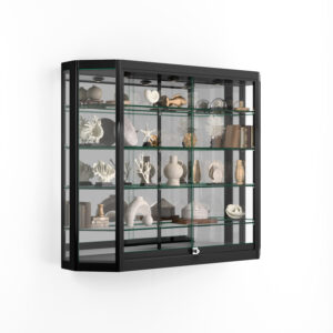 4x3 Wall Mounted Display Case w/Mirror Back & 3 Top LED Lights, Locking - Black