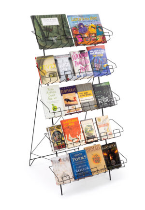 5-Tiered Wire Literature Floor Stand, Open Shelves, Sign Clip, 22.5 x 44.5 - Black