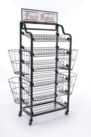 52"w Bakery Display Rack w/ Wheels, 6 Shelves, 4 Side Baskets & Header - Black