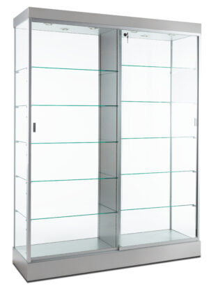 60" Glass Display Case w/ Top Lights, Wheels, Locking Sliding Door - Silver