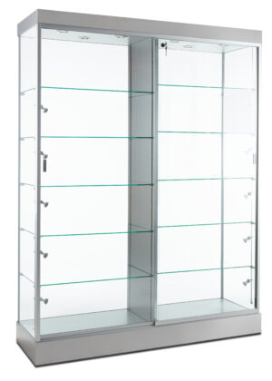 60" Glass Display Case w/ Top & Side Lights, Wheels, Locking Sliding Door - Silver