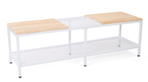 60"w Wood and Steel Display Table, Paulownia Countertops w/ Iron Mesh Shelves - White