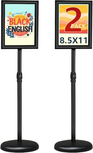 2Packs Adjustable floor standing poster stand, vertical and horizontal display sign stand, with heavy-duty base, aluminum alloy opening and closing frame (8.5 x 11 black)